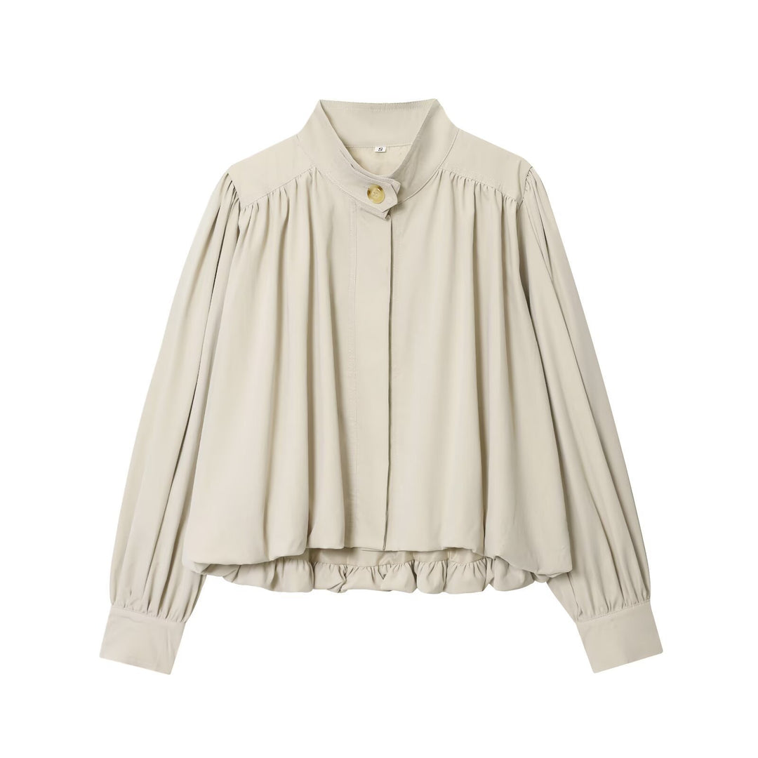 Women's Voluminous Cropped Blouse with Stand Collar, Gatherings and Elastic Hem Mune Fashion
