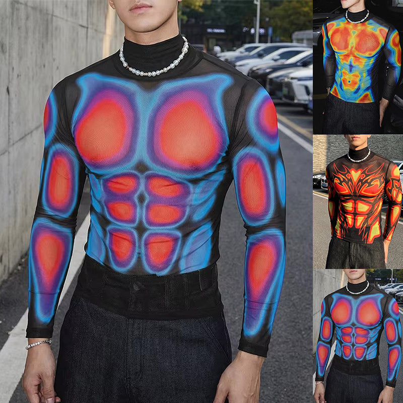 Men's Transparent Mesh Long Sleeve Shirt with 3D Muscle Print Mune Fashion