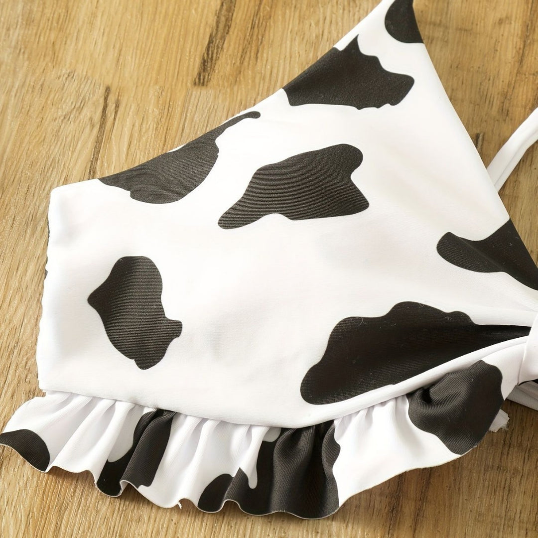 Women Triangle Bikini with fringe detail and playful cow pattern Mune Fashion