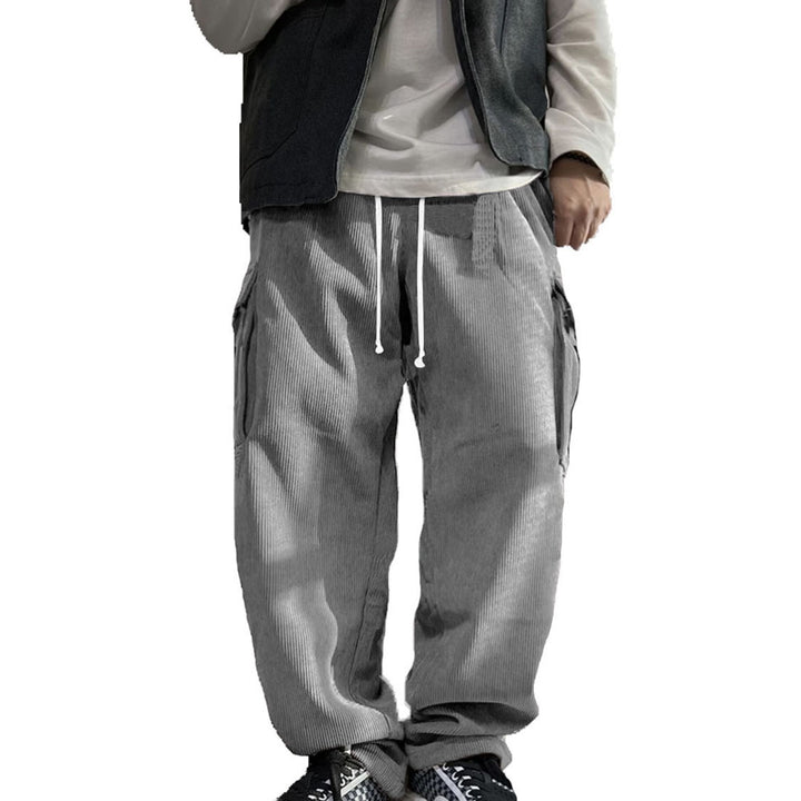 Men's Loose Cord Cargo Pants with Drawstring, Elastic Waistband & Multi-functional Pockets Mune Fashion