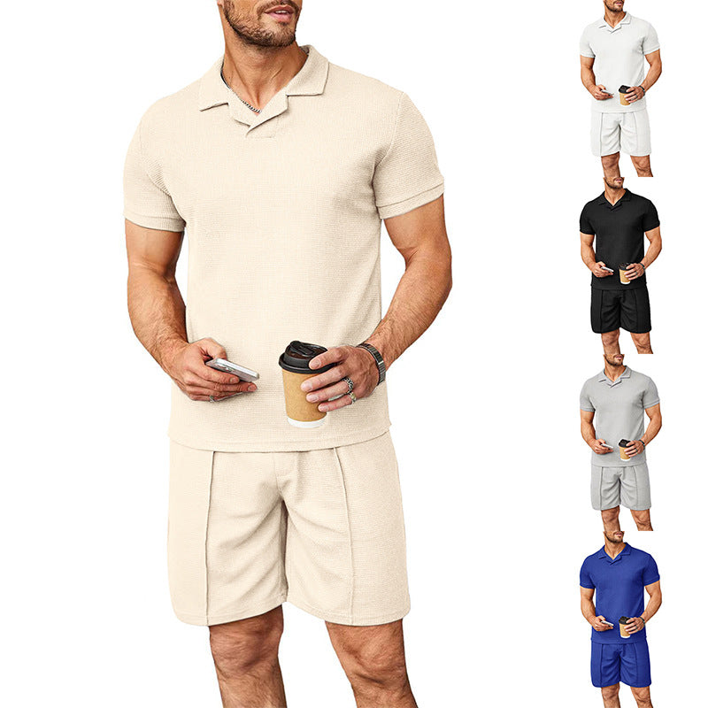 Men's two-piece leisure set made of structured cotton blend with polo shirt and straight comfort shorts Mune Fashion