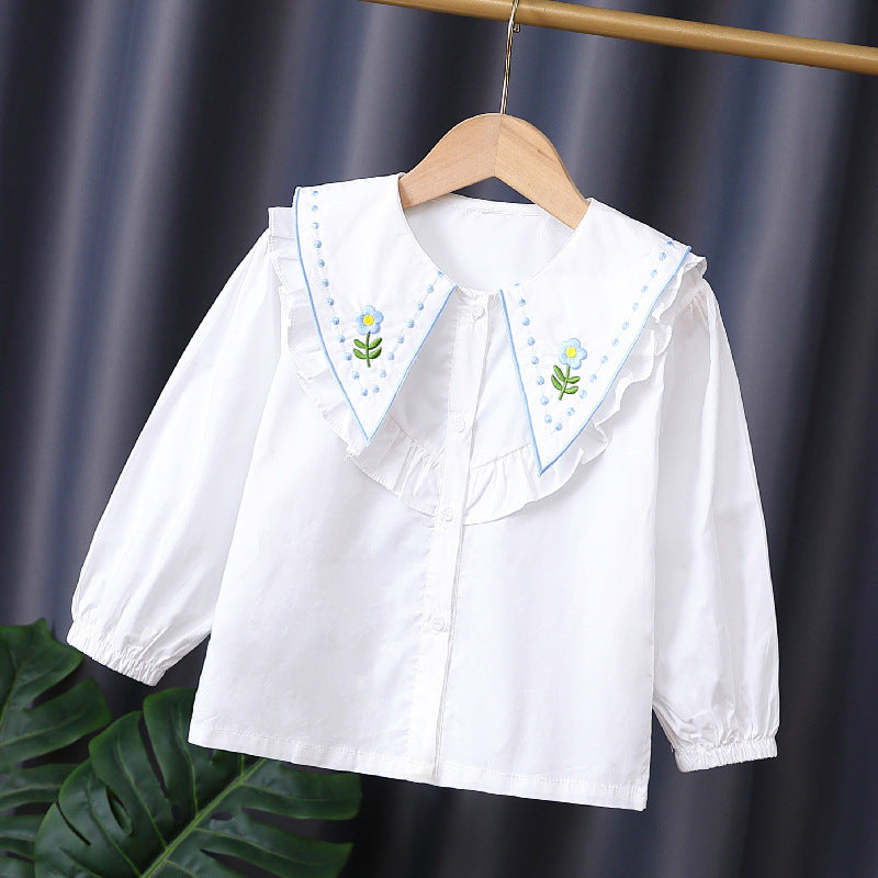 Girl Ruffle Blouse with Embroidered Collar Mune Fashion