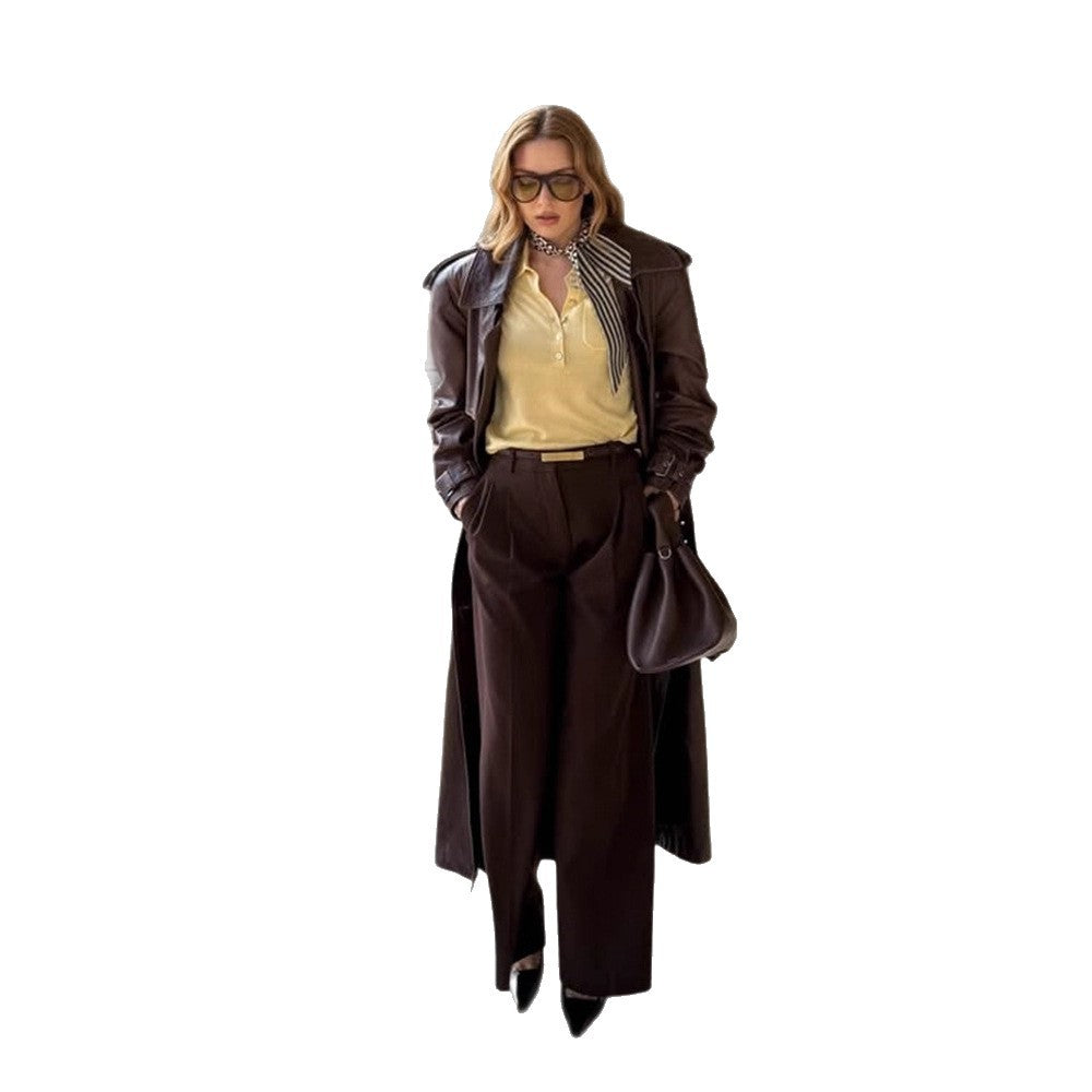 Women Long Trench Coat Made of Faux Leather with Oversized Shoulders and Tailored Silhouette Mune Fashion