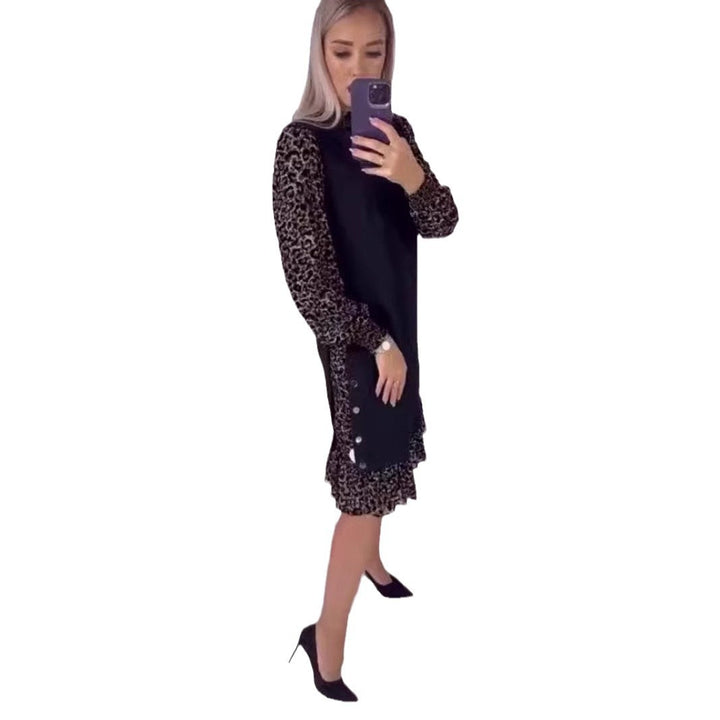Women's two-layer chiffon midi dress with transparent animal print sleeves, ruffled hem and side button placket Mune Fashion