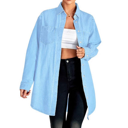 Women Oversized Denim Shirt Jacket with Patch Pockets and Casual Longline Fit Mune Fashion
