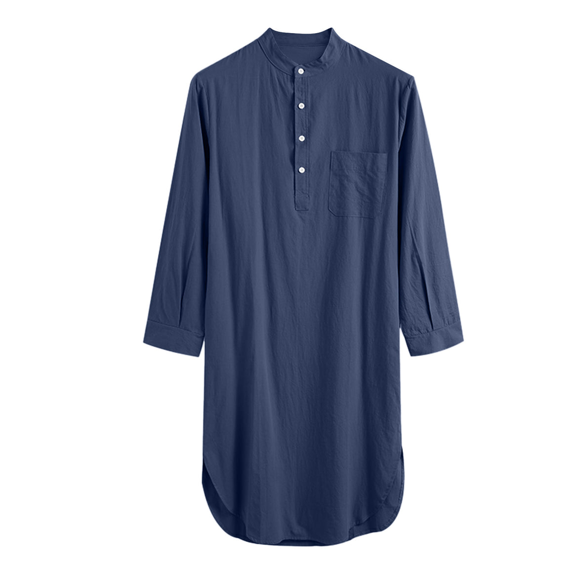 Men's long loose shirt with stand-up collar, chest pocket, and curved hem Mune Fashion