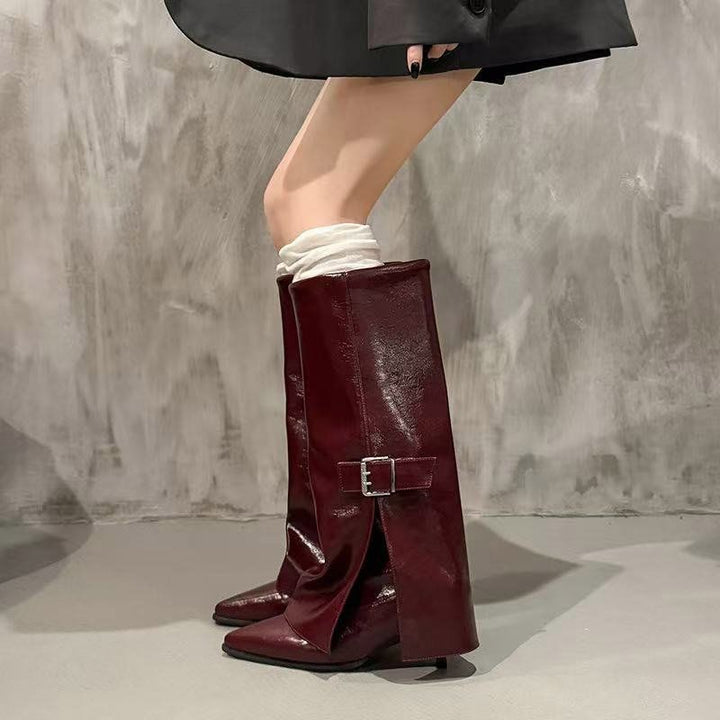Women's knee-high pointed toe leather boots with side decorative buckle and sculpted heel Mune Fashion