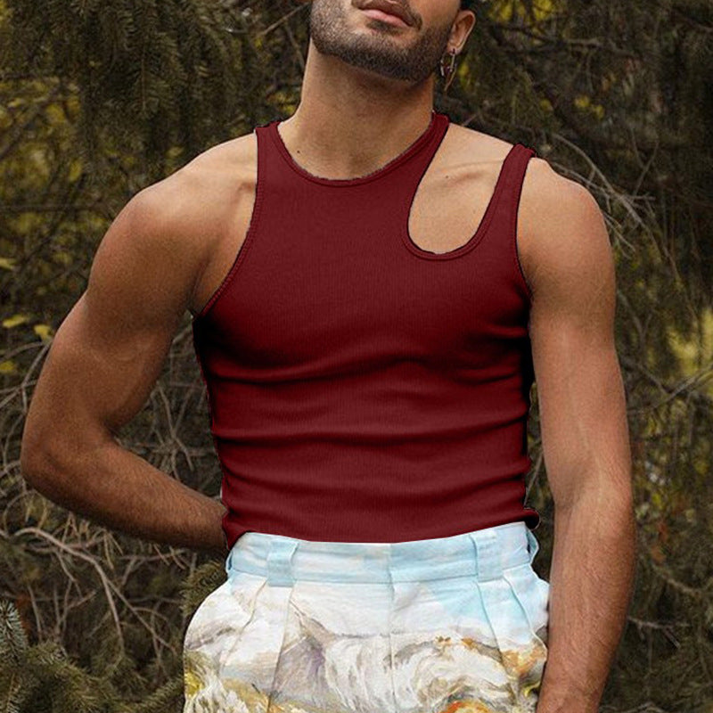 Men's body-hugging tank top with one-sided shoulder cut-out and fine ribbed texture Mune Fashion