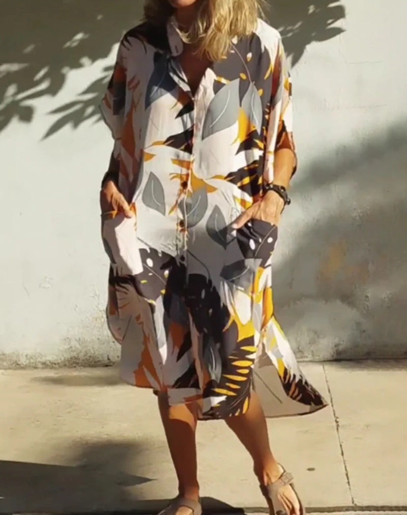 Women's airy-light kaftan shirt dress with dropped shoulder, hidden button placket, and side pockets Mune Fashion
