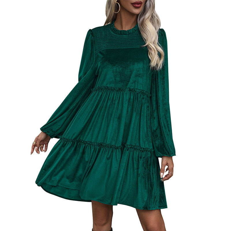 Women's Velvet Dress with Tiered Skirt, Ruffling and Stand-up Collar Mune Fashion
