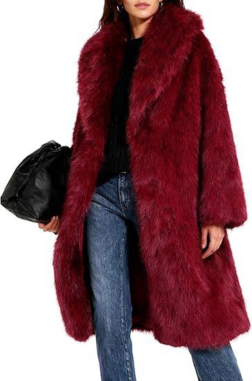 Women's Elegant Maxi Faux Fur Coat with Wide Shawl Collar and Straight Cut Mune Fashion