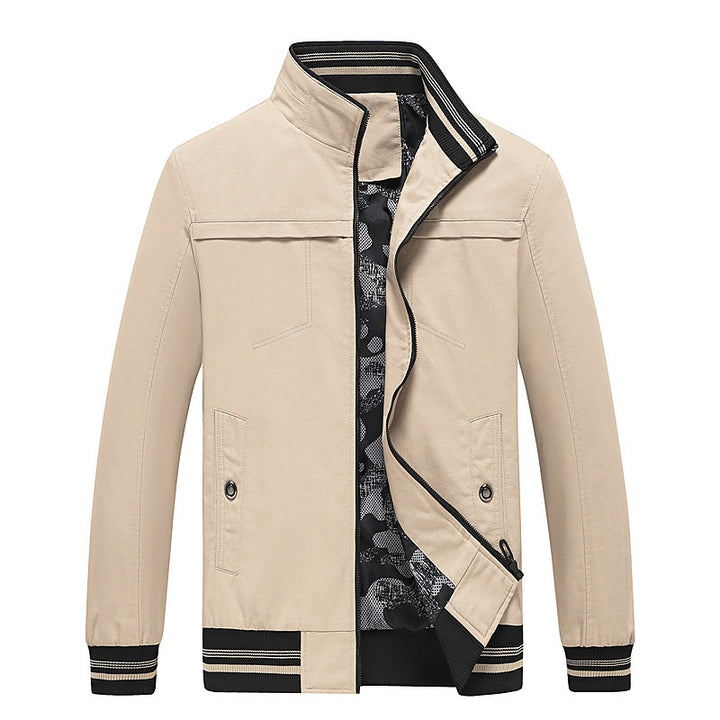 Men's Light Stand-Up Collar Blouson with Striped Ribbed Cuffs and Camouflage Lining Mune Fashion