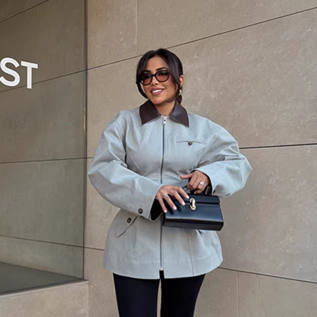 Women's Oversize Jacket in Leather Look with Contrasting Shirt Collar and Zipper Mune Fashion