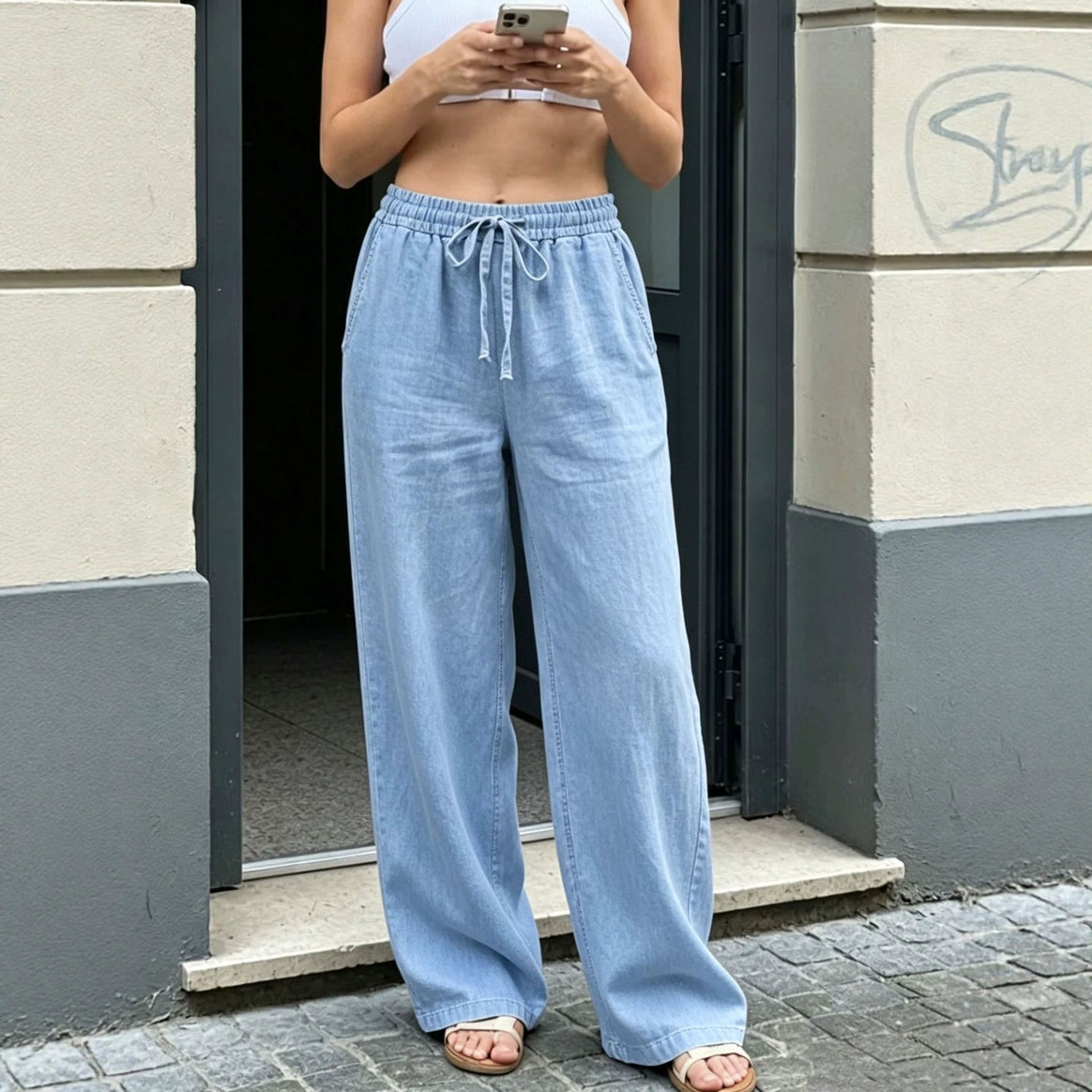 Women Wide Linen Look Pants with Elastic Waistband, Drawstring and Side Pockets Mune Fashion