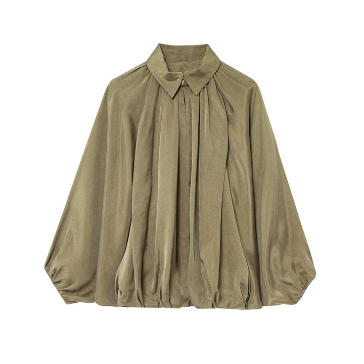 Women's wide pleated shirt blouse jacket with shirt collar, zipper and balloon-shaped hem Mune Fashion