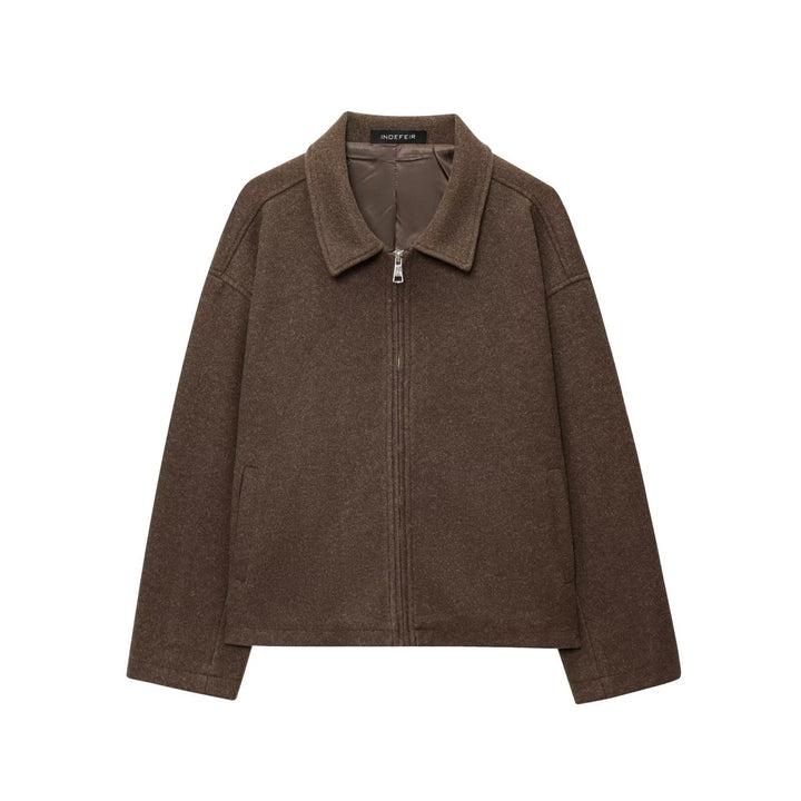 Women Boxy Wool Blend Blouson Jacket with Zipper and Shirt Collar Mune Fashion