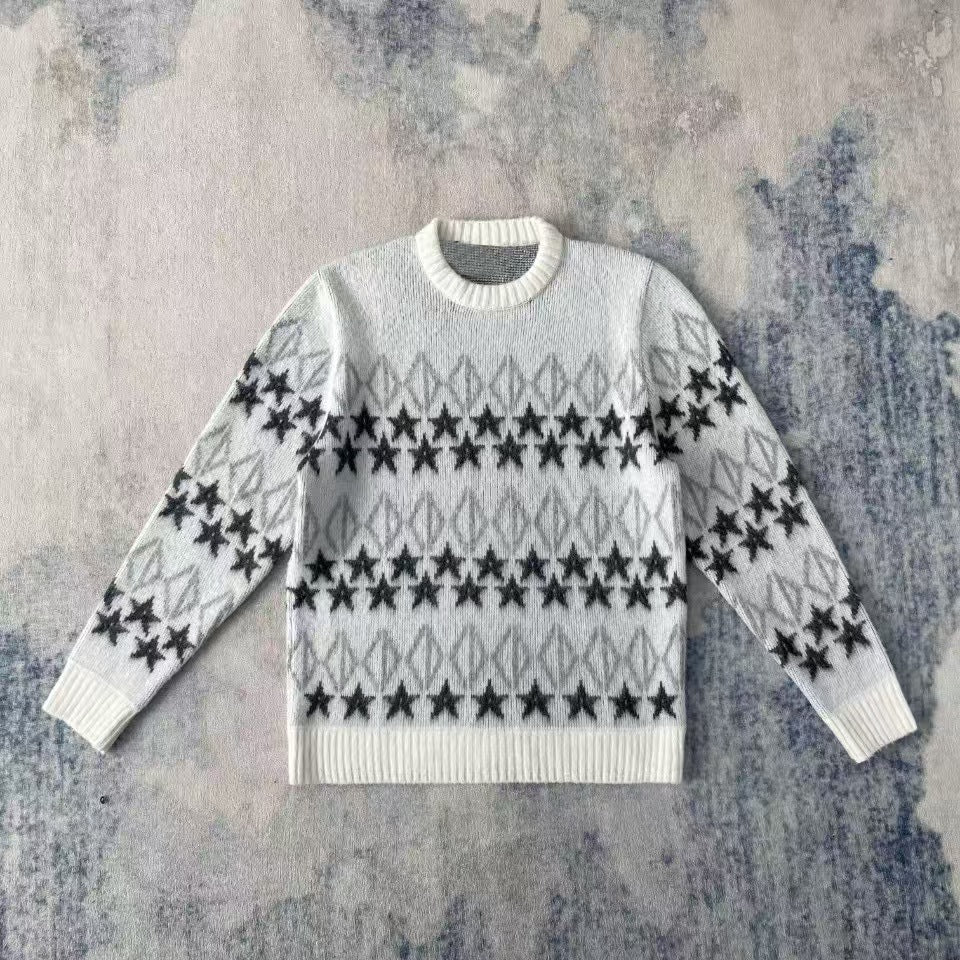 Women's gray marled round neck sweater with circular jacquard yoke and ribbed hem Mune Fashion