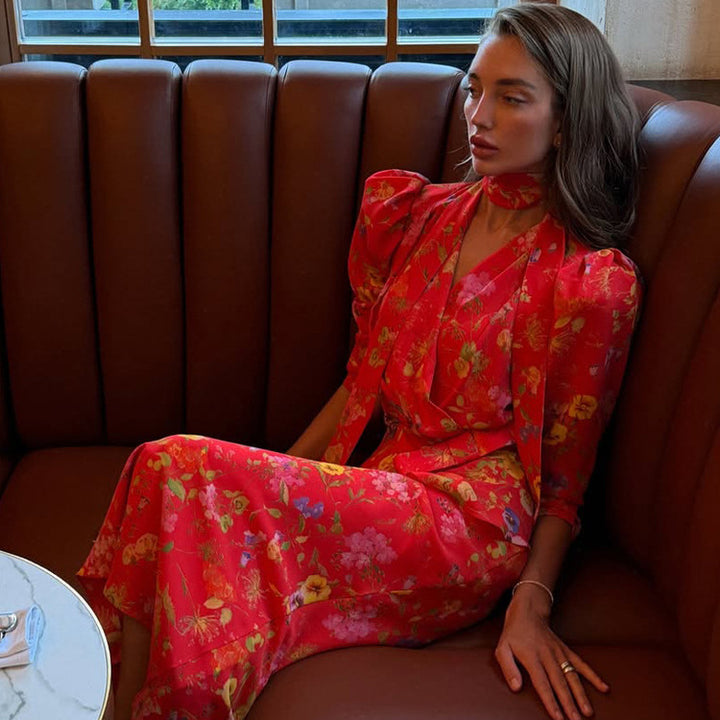 Women's Wrap Maxi Dress with Floral Print, Puff Sleeves and Shawl Collar Mune Fashion