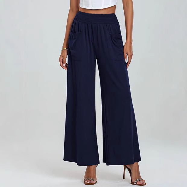 Women's Wide-Cut Palazzo Pants with Elastic Waistband and Practical Pockets Mune