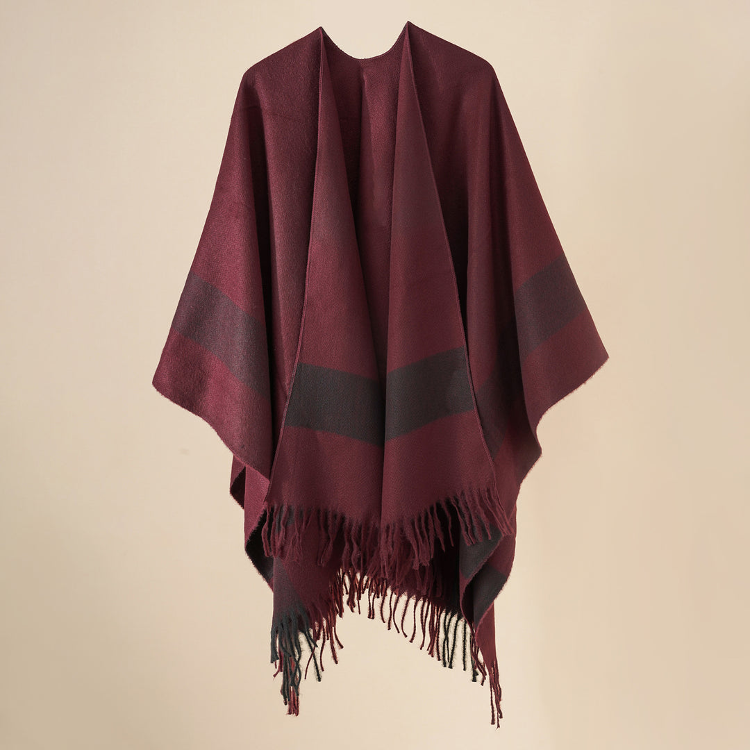 Women's Wool Blend Poncho with Check Pattern and Fringing Mune Fashion