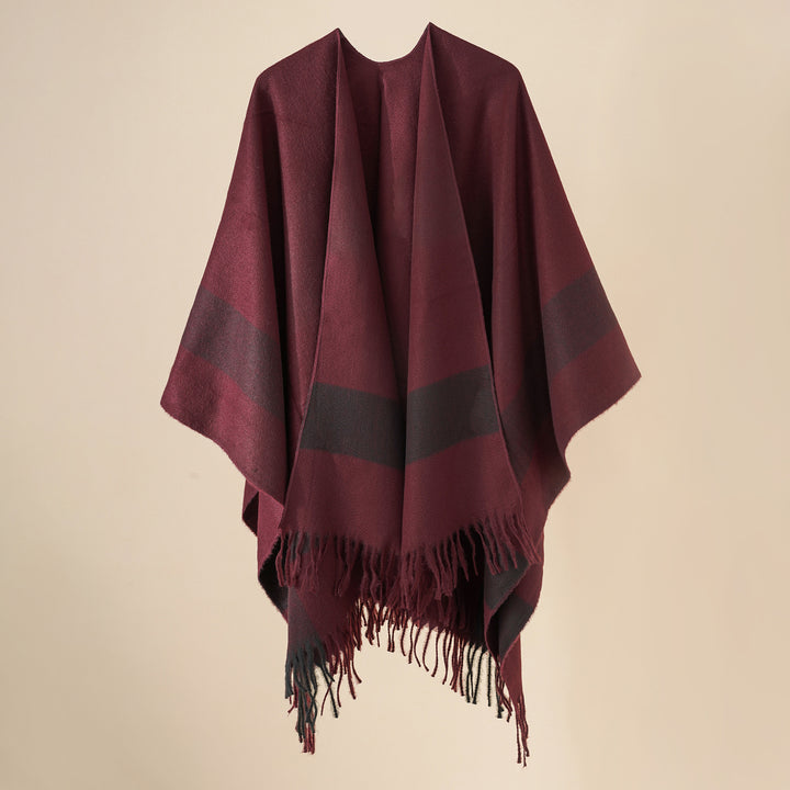 Women's Wool Blend Poncho with Check Pattern and Fringing Mune Fashion