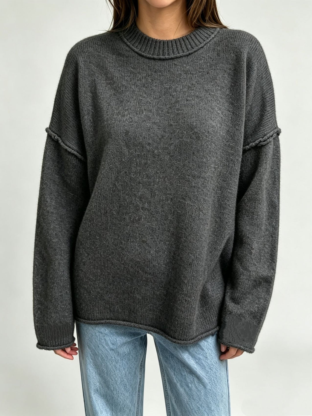 Women Oversize Boxy Sweater with short stand-up collar and decorative edge seam Mune Fashion