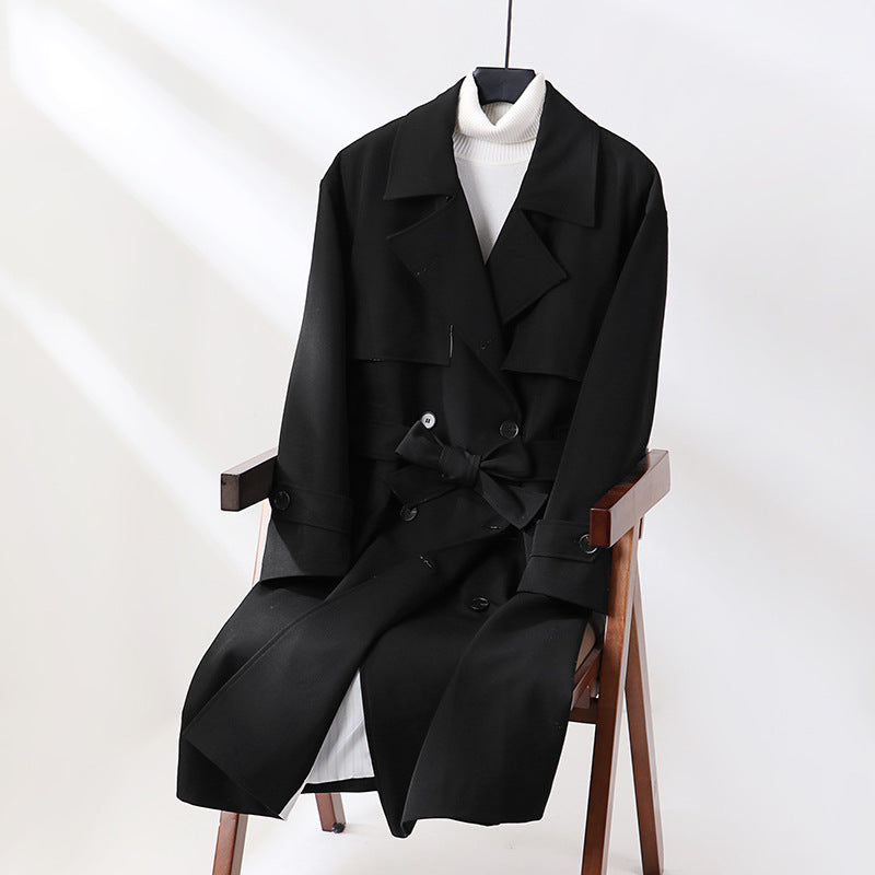 Women Long Tailored Trench Coat with Wide Shawl Collar and Tie Belt Mune Fashion