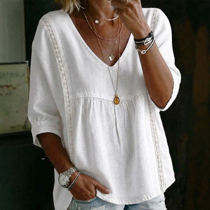 Women Loose V-Neck Linen Blouse with Lace and 3/4 Sleeves Mune Fashion