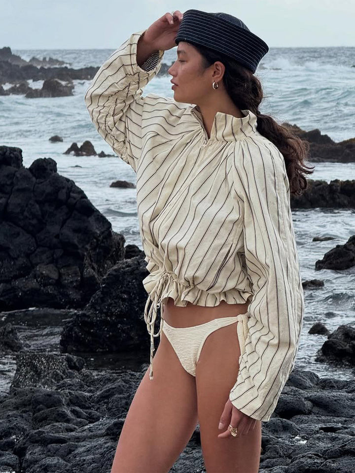 Women's Lightweight Striped Cropped Blouse with Drawstring Hem, Stand-up Collar and Half Zipper Front
