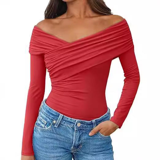 Women Off-Shoulder Long Sleeve Top with Wrap Look and Figure-Hugging Stretch Jersey