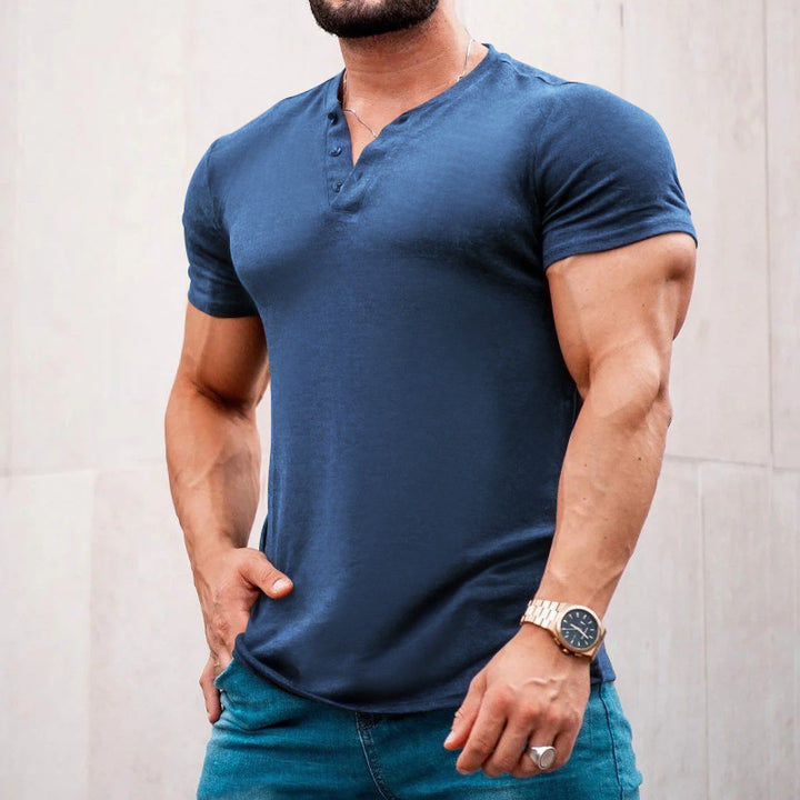 Men's muscle-fitting short-sleeve shirt with button placket and V-neck made of cotton stretch Mune Fashion