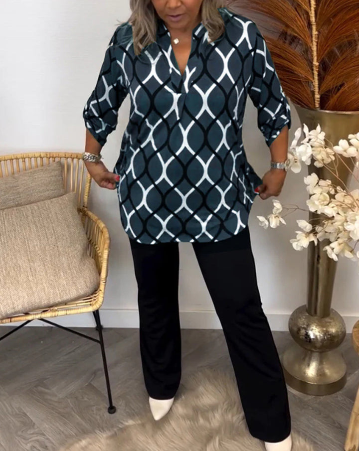 Ladies casual long tunic with V-neck three-quarter sleeves side pockets and geometric chain print Mune Fashion