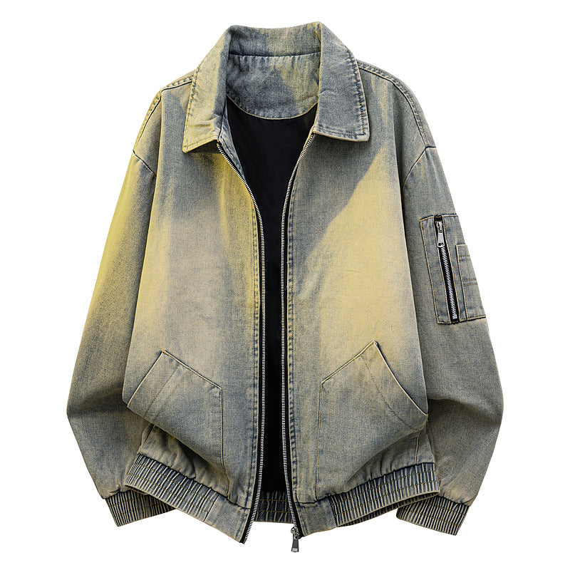 Men's Oversized Jeans-Bomber Jacket with Used Wash and Zip Arm Pocket Mune Fashion