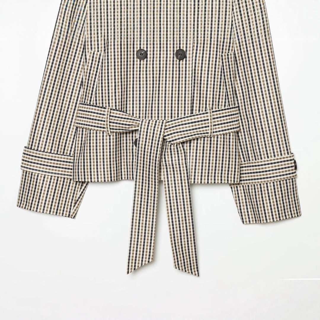 Women Short Tailored Double-Breasted Trench Coat with Check Pattern and Belt Mune Fashion