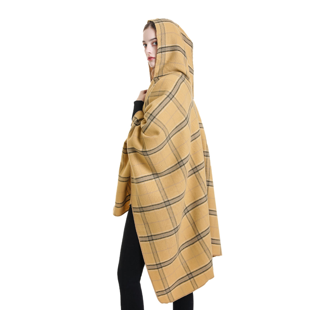 Ladies' hooded poncho with plaid pattern, softly draping wool blend and open oversized fit