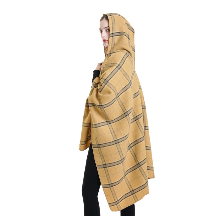 Ladies' hooded poncho with plaid pattern, softly draping wool blend and open oversized fit