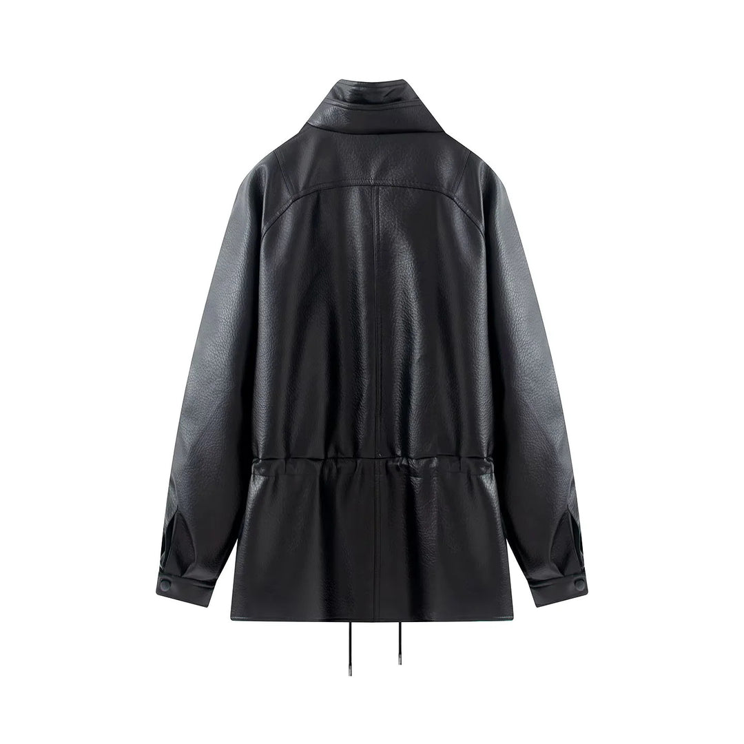 Women's long faux leather coat with double-breasted, high inner collar and drawstring waist Mune Fashion