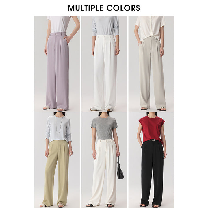 Women Wide High-Waisted Satin Pants with Pleats and Side Pockets Mune Fashion