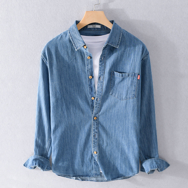 Men's Lightweight Denim Shirt in Relaxed Fit with Chest Pocket and Wood Button Placket Mune Fashion