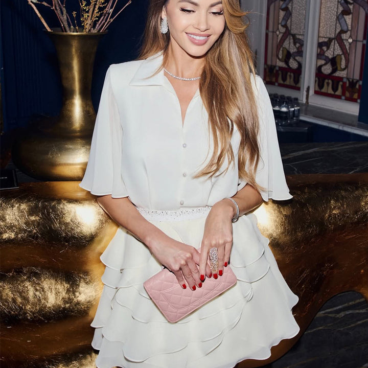 Women's Two-Piece Chiffon Set with Beaded Button Blouse and Layered Ruffle Mini Dress Mune Fashion