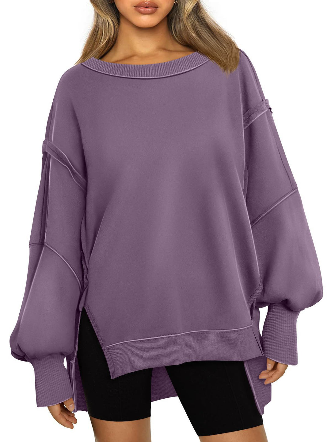 Ladies Soft Longline Sweatshirt with Balloon Sleeves, Side Slits and Ribbed Hem Mune Fashion
