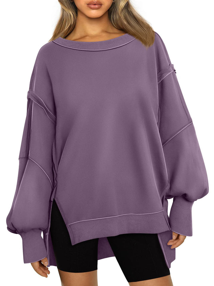 Ladies Soft Longline Sweatshirt with Balloon Sleeves, Side Slits and Ribbed Hem Mune Fashion