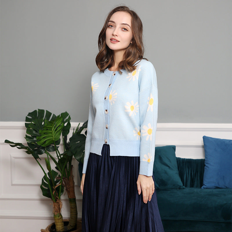 Women's Oversize Knit Cardigan with Flower Appliqué, Mother-of-Pearl Buttons and Wave Hem Mune Fashion