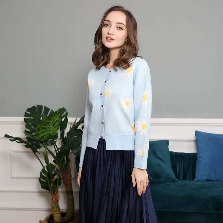 Women's Oversize Knit Cardigan with Flower Appliqué, Mother-of-Pearl Buttons and Wave Hem Mune Fashion