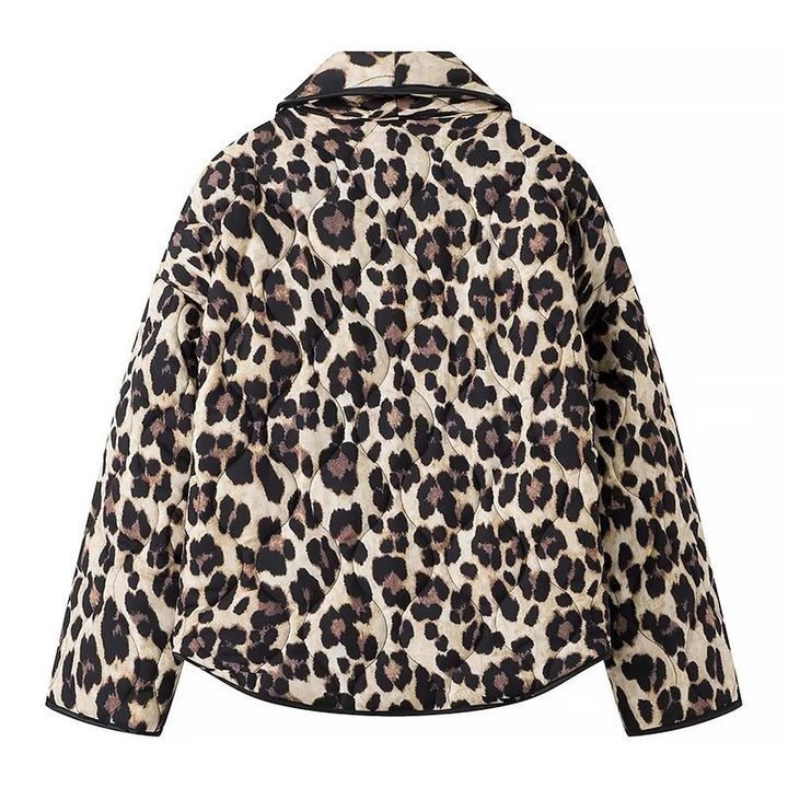 Women's Padded Short Jacket in Leopard Print with Shawl Collar and Patch Pockets Mune Fashion