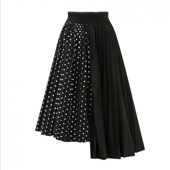 Women Asymmetric Pleated Midi Skirt with Polka Dot Panel and Elastic Waistband Mune Fashion