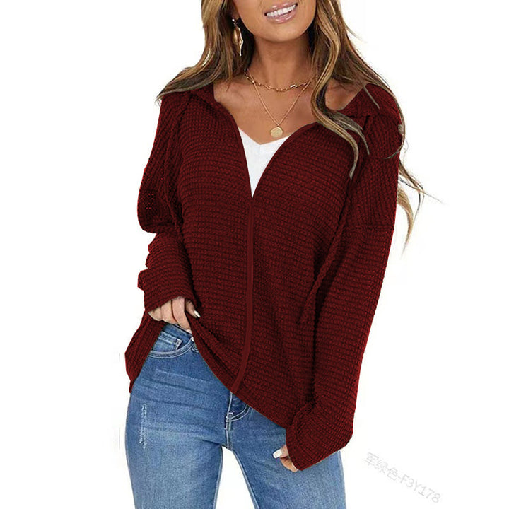 Women's Oversize Structured Knit Jacket with Hood and Full Zip Mune Fashion