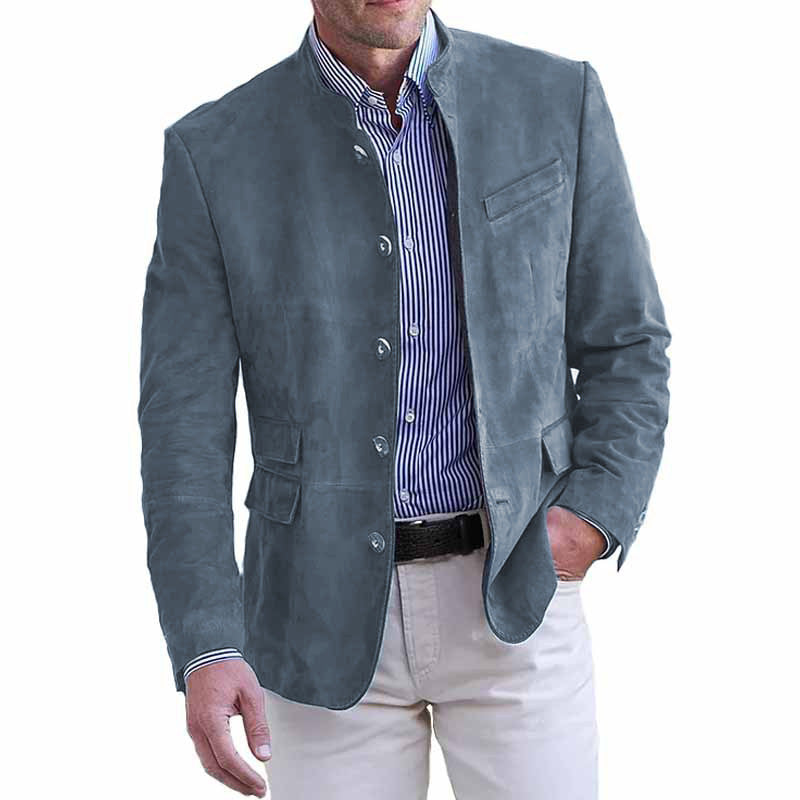 Men's Short Suede Jacket with Stand-up Collar and Flap Pockets Mune Fashion