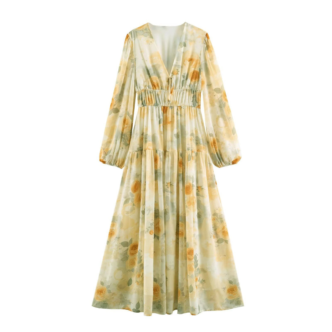 Women's Airy Chiffon Midi Dress with Deep V-Neck, Ruffled Smock Waist, and Flounce Layers Mune Fashion