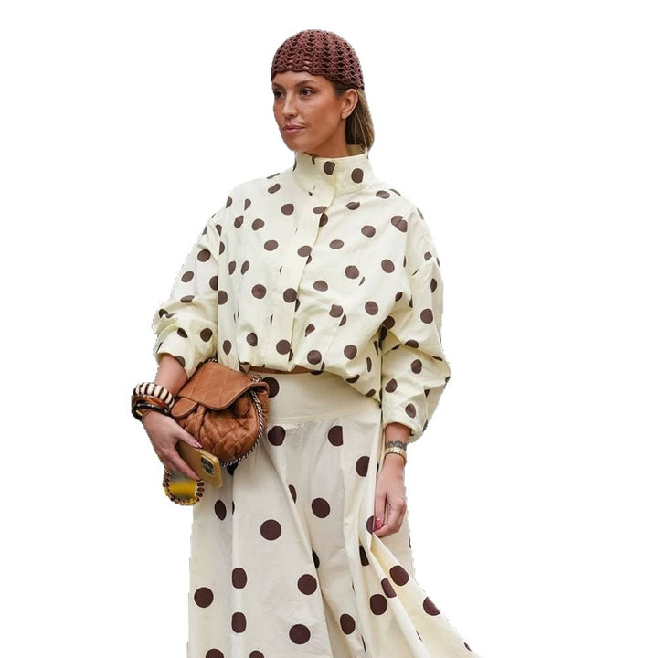 Women's Boxy Shirt Jacket with Stand Collar, Balloon Sleeves and Large Polka Dot Print Mune Fashion